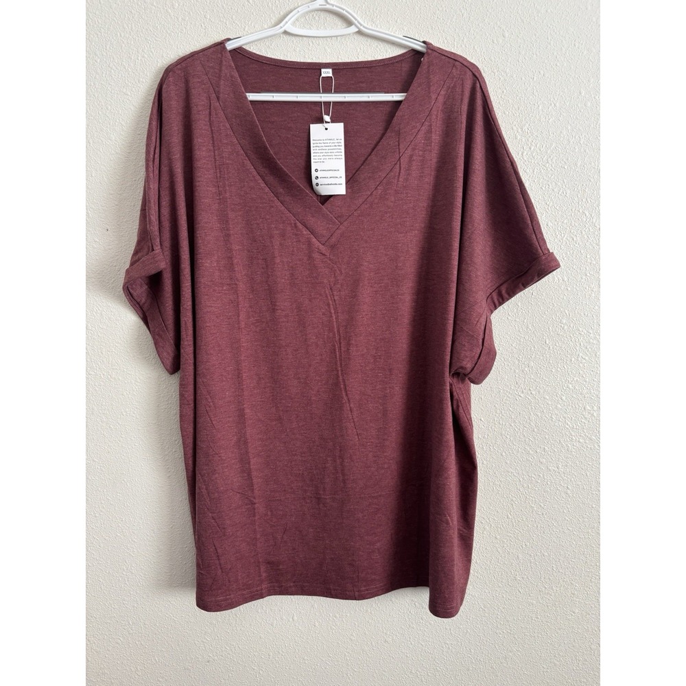 ATHMILE Women's 3XL Burgundy V-Neck Oversized Tunic Top Short Sleeve NWT